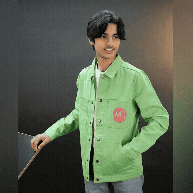 Green denim shirt with “Stay Blessed” back print, button-down front, adjustable cuffs, and side pockets—durable and relaxed for casual wear