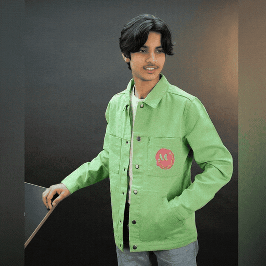 Green denim shirt with “Stay Blessed” back print, button-down front, adjustable cuffs, and side pockets—durable and relaxed for casual wear