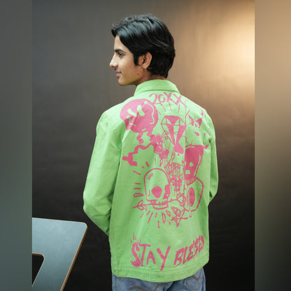 Green denim shirt with “Stay Blessed” back print, button-down front, adjustable cuffs, and side pockets—durable and relaxed for casual wear