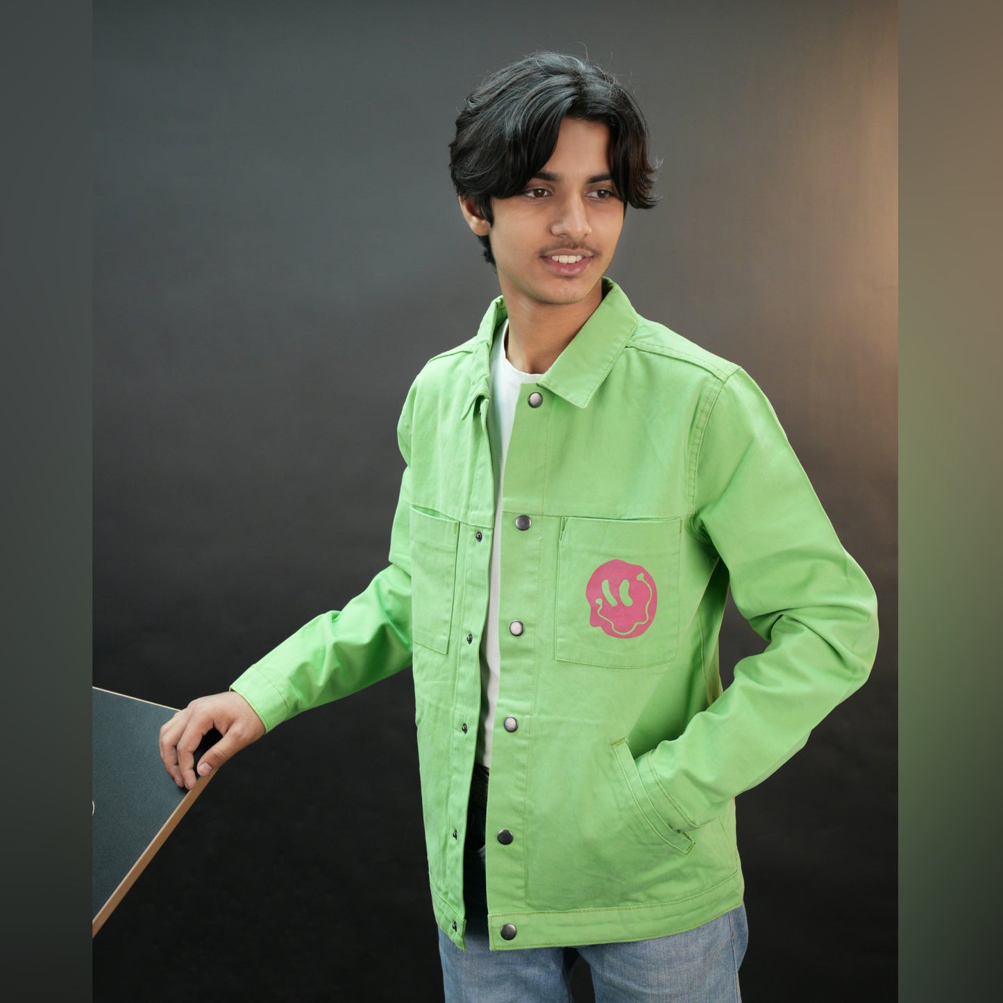Green denim shirt with “Stay Blessed” back print, button-down front, adjustable cuffs, and side pockets—durable and relaxed for casual wear