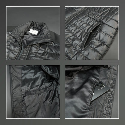 Two-tone caramel and tan quilted puffer jacket with zip closure and warm padding.