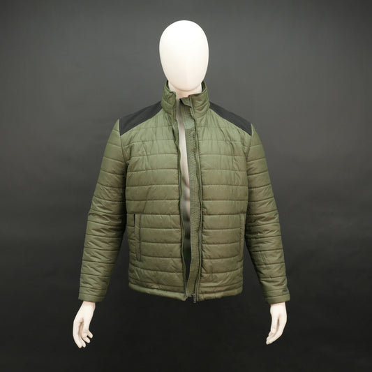 Men’s two-tone caramel and tan quilted puffer jacket with zip closure and warm padding.