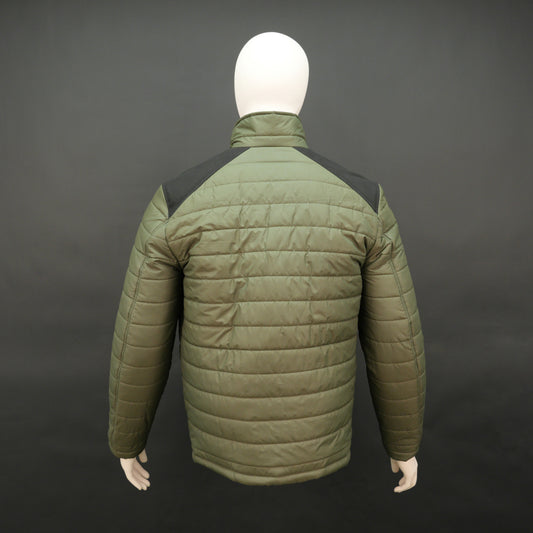 Men’s two-tone caramel and tan quilted puffer jacket with zip closure and warm padding.