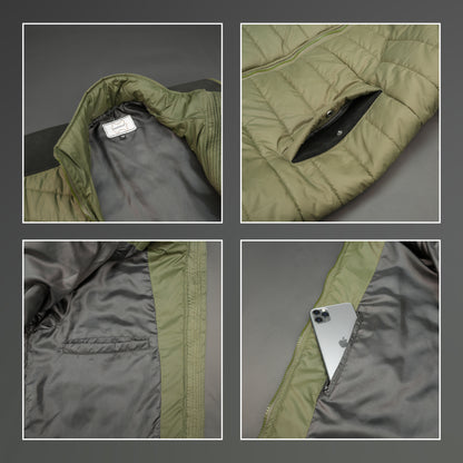 Men’s two-tone caramel and tan quilted puffer jacket with zip closure and warm padding.