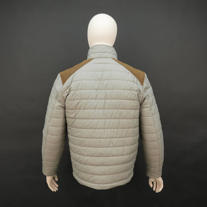 Men’s two-tone caramel and tan quilted puffer jacket with full sleeves, zip closure, and warm insulated padding.