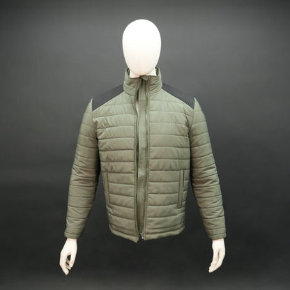 Men’s two-tone caramel and tan quilted puffer jacket with full sleeves, zip closure, and insulated padding.