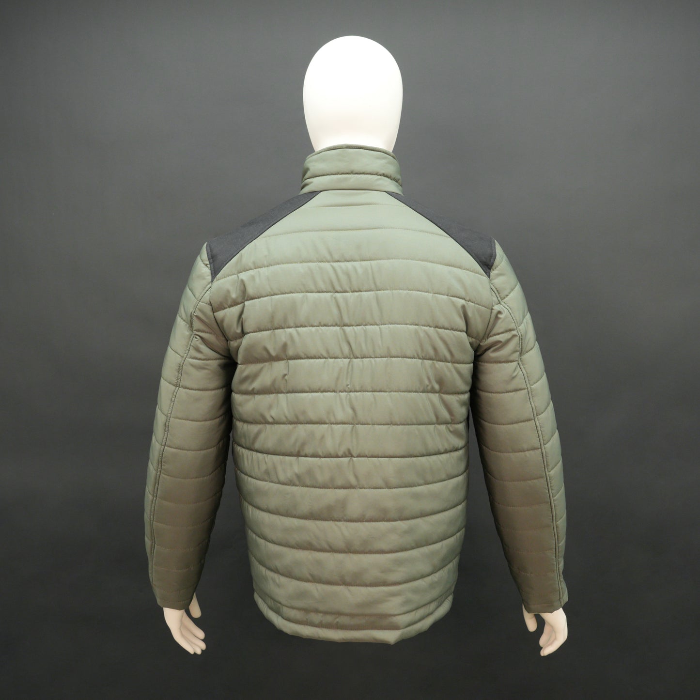 Men’s two-tone caramel and tan quilted puffer jacket with full sleeves, zip closure, and insulated padding.