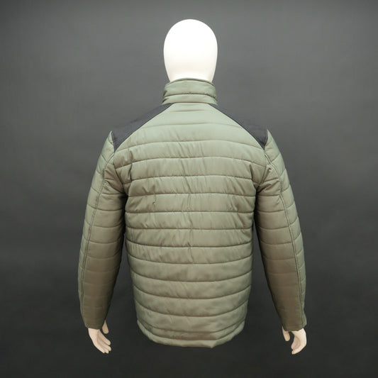 Men’s two-tone caramel and tan quilted puffer jacket with full sleeves, zip closure, and insulated padding.