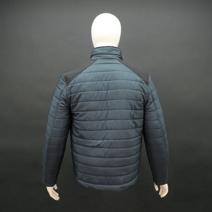 Men’s two-tone quilted puffer jacket in caramel and tan with full sleeves, front zip, side and inner pockets, insulated for warmth