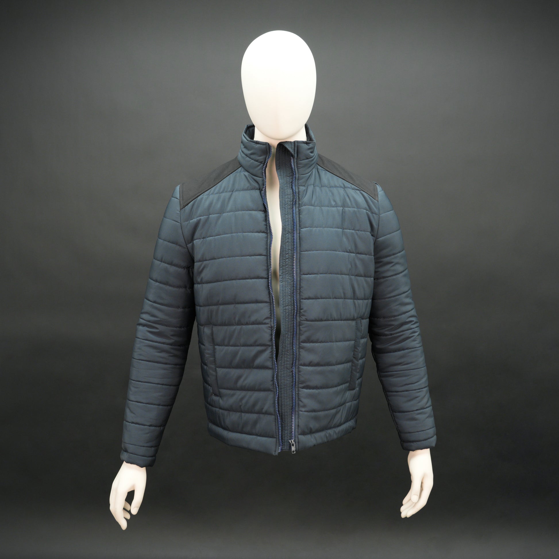 Men’s two-tone quilted puffer jacket in caramel and tan with full sleeves, front zip, side and inner pockets, insulated for warmth