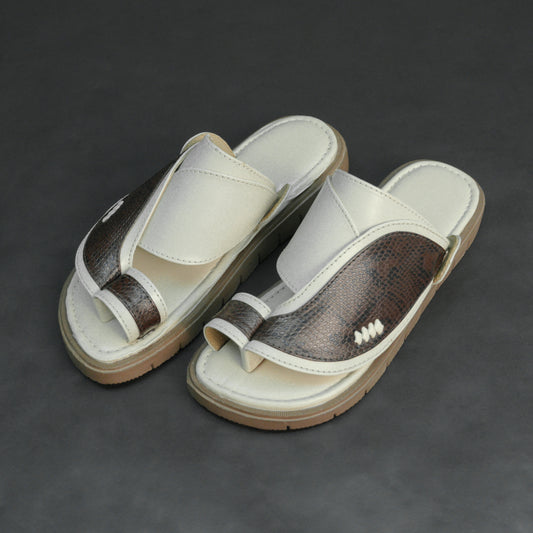 Off-white light brown Arabic chappal with snake-texture PU upper and EVA sole.
