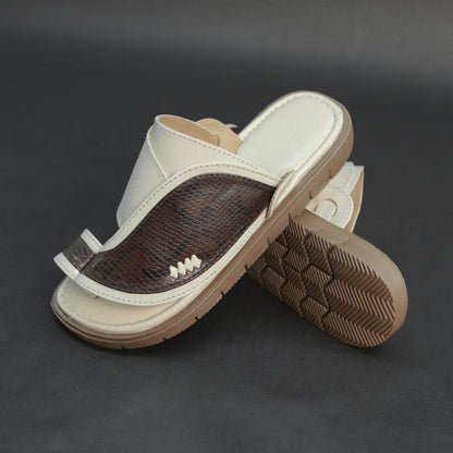 Off-white Arabic chappal with snake-pattern PU upper and EVA sole.