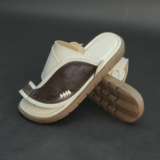 Off-white light brown Arabic chappal with snake-texture PU upper and EVA sole.