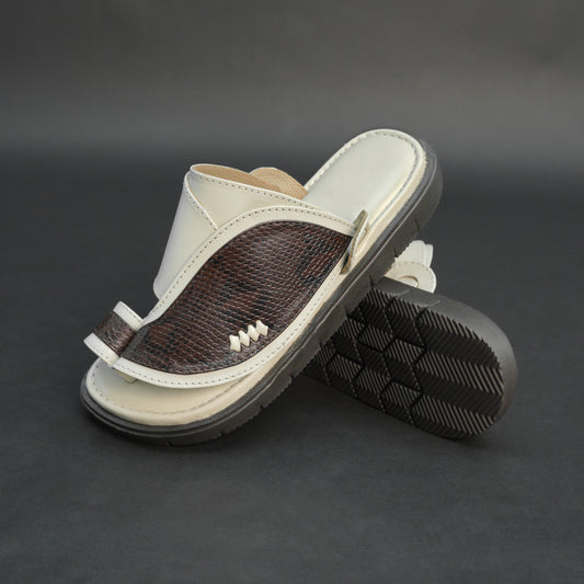 Off-white Arabic chappal with snake-pattern PU upper and EVA sole.