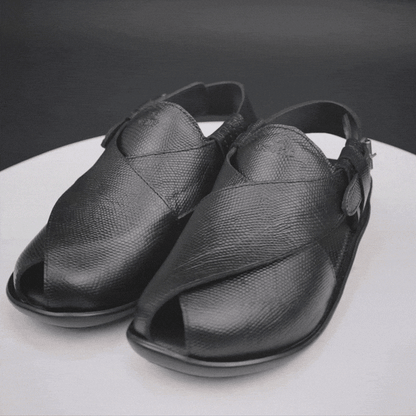 Black cow-printed W-Series leather shoe with goat leather lining, leather and EVA insole, and durable TPR sole.