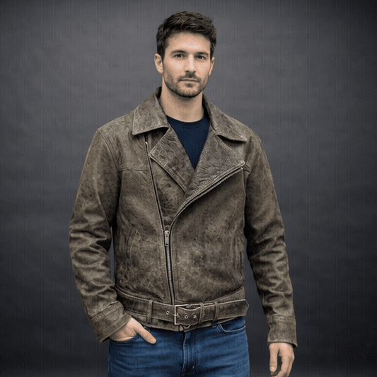 Men’s black and grey cow leather Perfecto jacket with side zip closure, two functional pockets, and a sleek, versatile design combining style and functionality