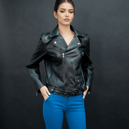 Ravén men’s black leather jacket made from premium sheep leather, featuring a waist belt, two front side pockets, one inside pocket, and a stylish zip flap closure