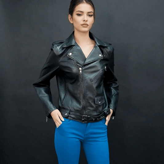 Ravén men’s black leather jacket made from premium sheep leather, featuring a waist belt, two front side pockets, one inside pocket, and a stylish zip flap closure