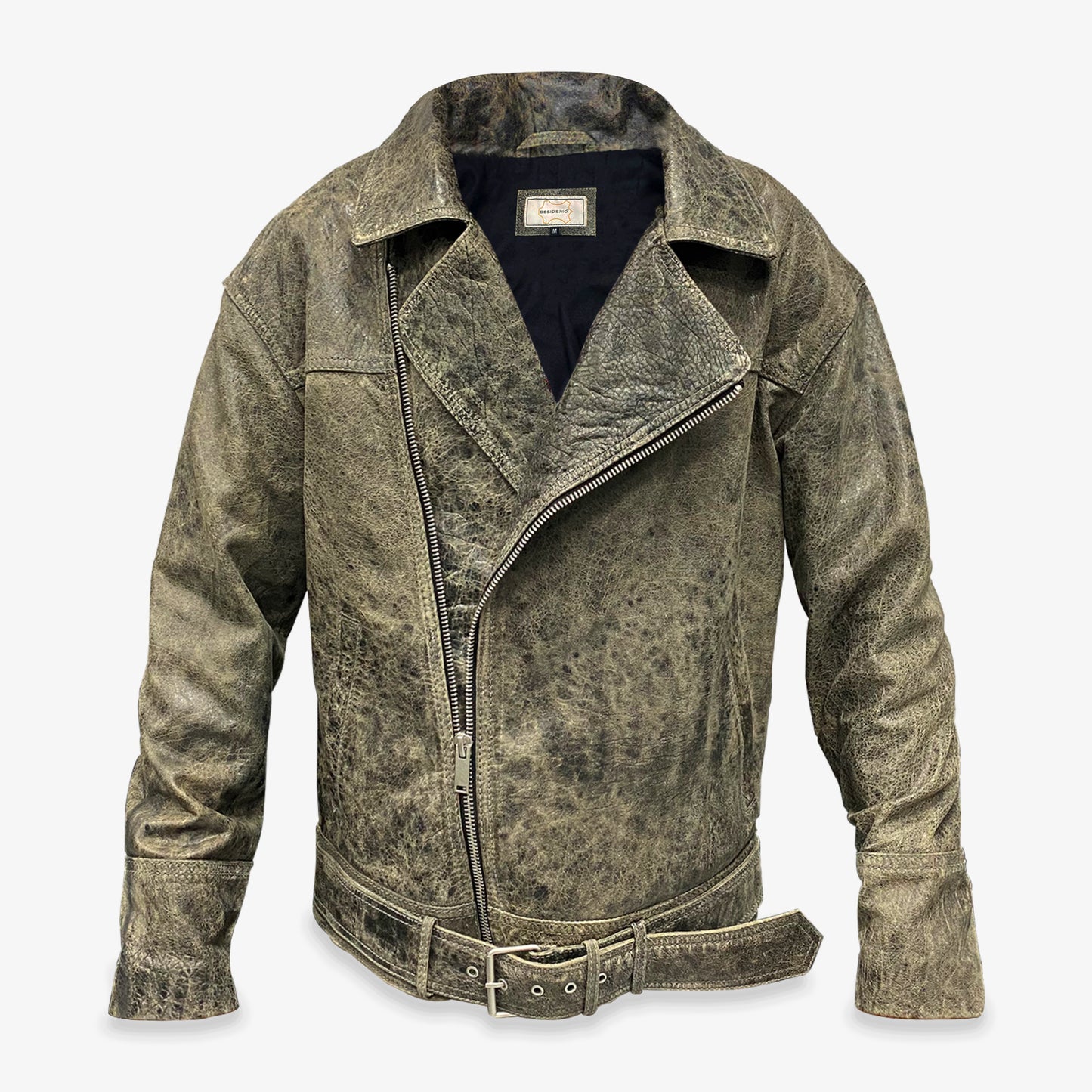 Men’s black and grey cow leather Perfecto jacket with side zip closure, two functional pockets, and a sleek, versatile design combining style and functionality