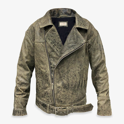 Men’s black and grey cow leather Perfecto jacket with side zip closure, two functional pockets, and a sleek, versatile design combining style and functionality