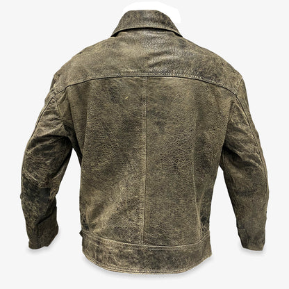 Men’s black and grey cow leather Perfecto jacket with side zip closure, two functional pockets, and a sleek, versatile design combining style and functionality
