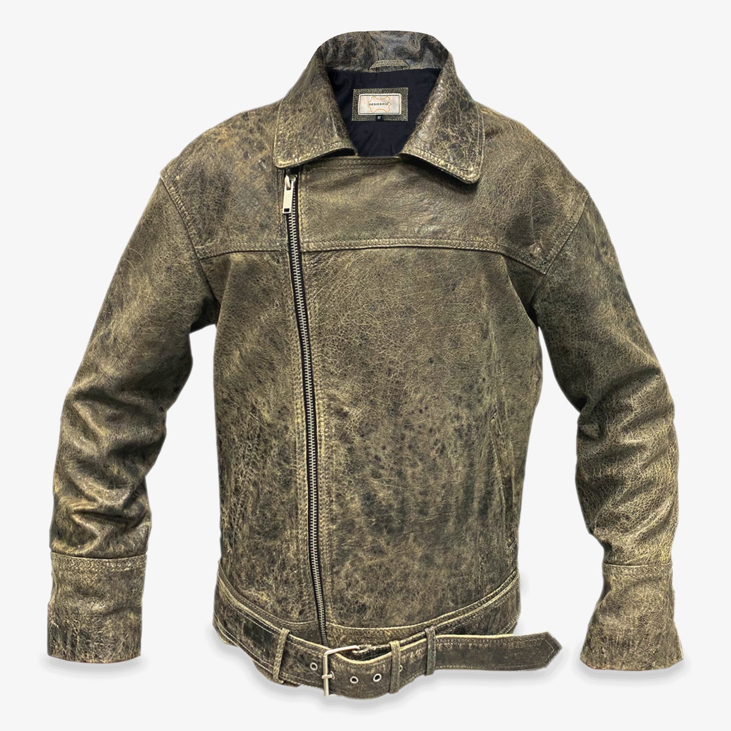 Men’s black and grey cow leather Perfecto jacket with side zip closure, two functional pockets, and a sleek, versatile design combining style and functionality