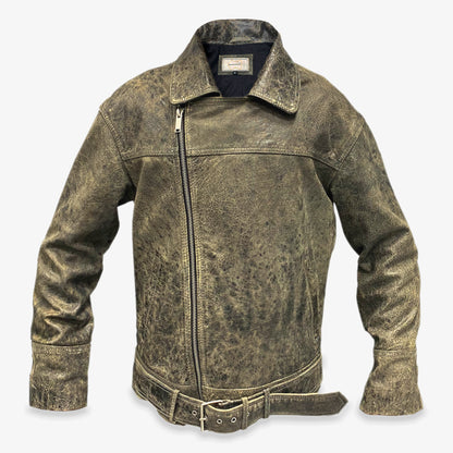 Men’s black and grey cow leather Perfecto jacket with side zip closure, two functional pockets, and a sleek, versatile design combining style and functionality
