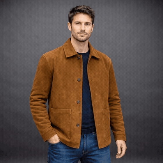 Men’s tobacco-colored goat suede jacket with soft velvety texture, two spacious pockets, and a versatile design for casual or dressy occasions