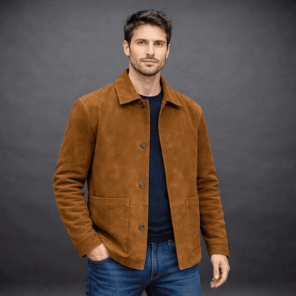 Men’s tobacco-colored goat suede jacket with soft velvety texture, two spacious pockets, and a versatile design for casual or dressy occasions
