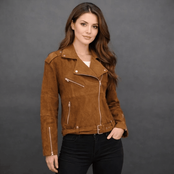 Solara men’s light brown goat suede Perfecto jacket with leather-type finish, three exterior pockets, a secure side zip pocket, and adjustable zipped cuffs for a stylish and functional look
