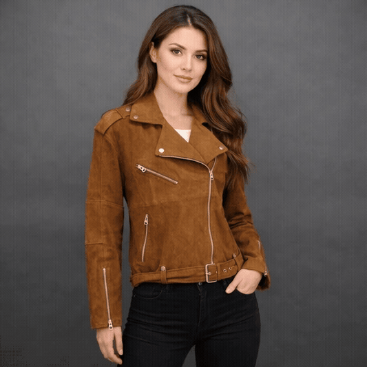Solara men’s light brown goat suede Perfecto jacket with leather-type finish, three exterior pockets, a secure side zip pocket, and adjustable zipped cuffs for a stylish and functional look