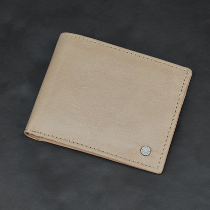 Premium beige leather wallet, slim, durable, and lightweight holds up to 10 cards with 2 cash compartments.