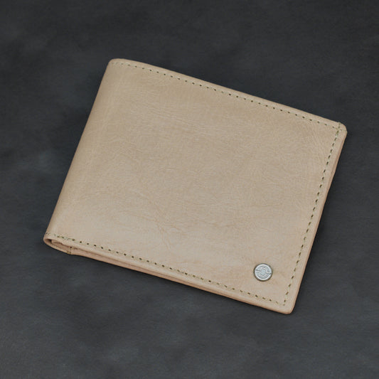 Premium beige leather wallet, slim, durable, and lightweight holds up to 10 cards with 2 cash compartments.