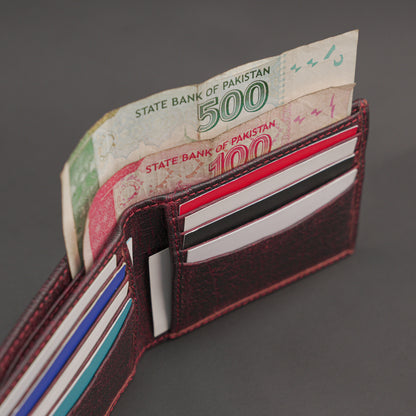 Premium maroon leather wallet, slim, durable, and lightweight holds 10 cards with 2 cash compartments.