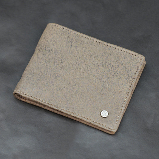 Beige real leather wallet with card slots and cash compartments for daily use.