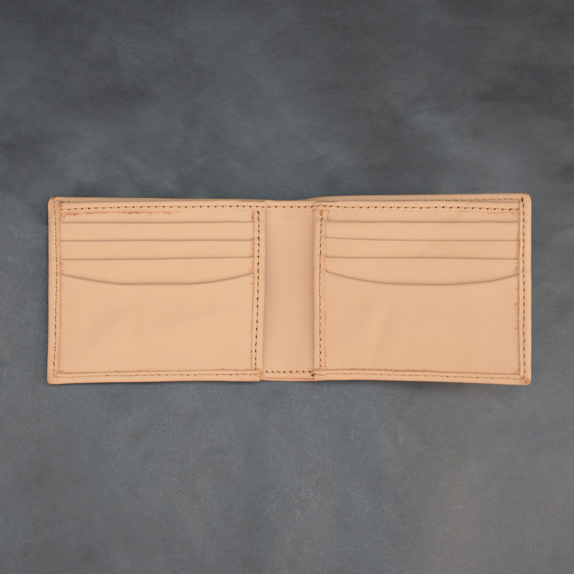 Camel leather wallet with 6 card slots, ID pocket, and 2 cash compartments