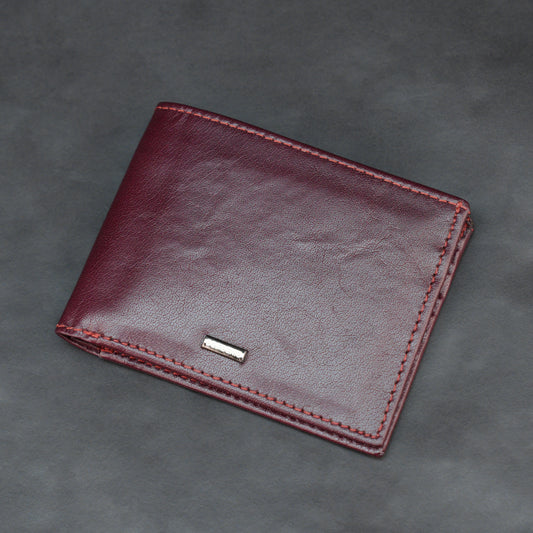 Premium maroon leather wallet, slim and durable, holds 10 cards with 2 cash compartments.