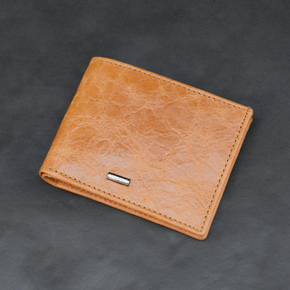 Premium orange leather wallet, slim, lightweight, and durable fits 10 cards with 2 cash compartments.