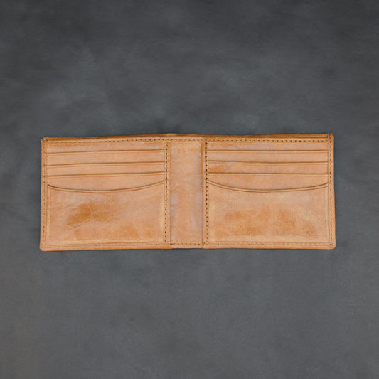 Premium orange leather wallet, slim, lightweight, and durable fits 10 cards with 2 cash compartments.