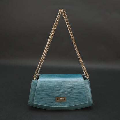 Aqua real leather handbag with brass chain and zipper compartment.