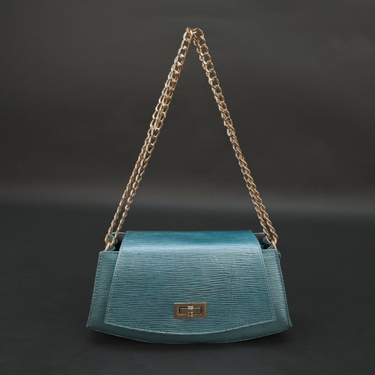 Aqua real leather handbag with brass chain and zipper compartment.