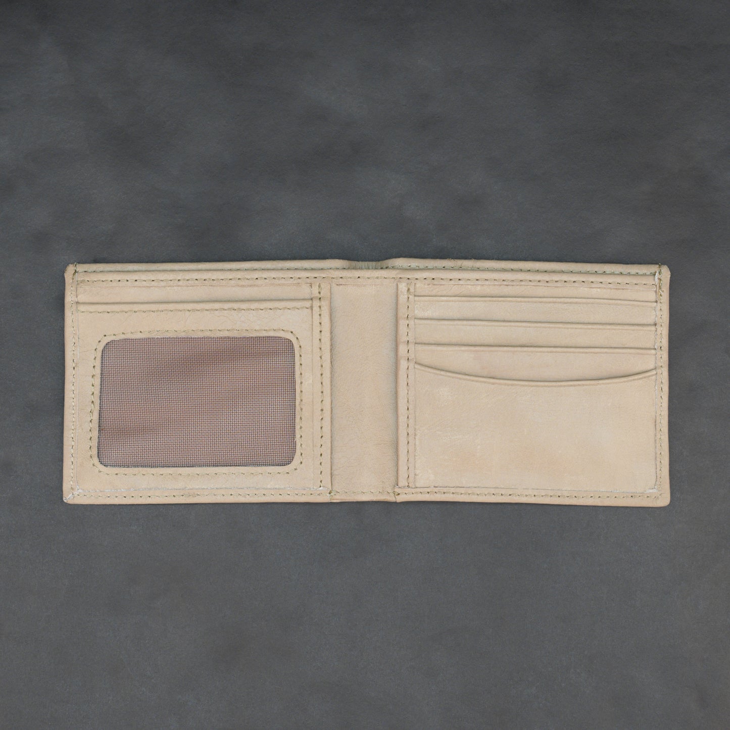 Beige leather wallet with 6 card slots, ID pocket, and 2 cash compartments