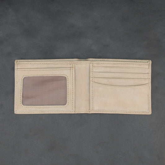 Beige leather wallet with 6 card slots, ID pocket, and 2 cash compartments