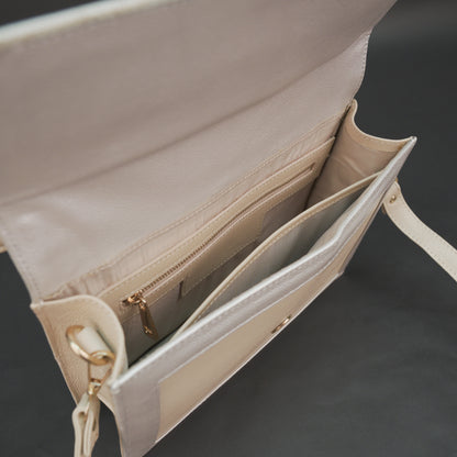 Real leather beige crossbody handbag with zipper compartment, inner pocket, shoulder strap, stylish everyday use bag