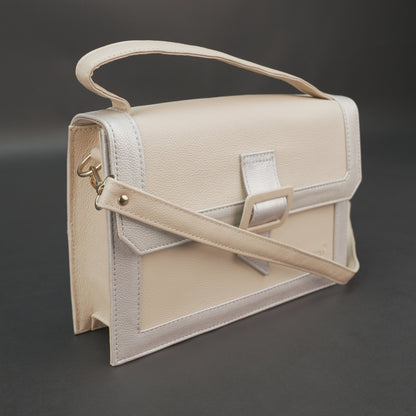 Real leather beige crossbody handbag with zipper compartment, inner pocket, shoulder strap, stylish everyday use bag