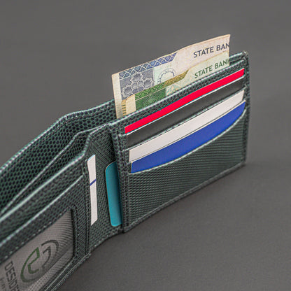 Premium green-blue leather wallet, sleek and compact holds 6 cards, 1 ID, and 2 cash compartments for everyday use.