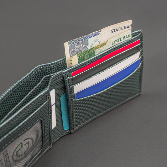 Premium green-blue leather wallet, sleek and compact holds 6 cards, 1 ID, and 2 cash compartments for everyday use.