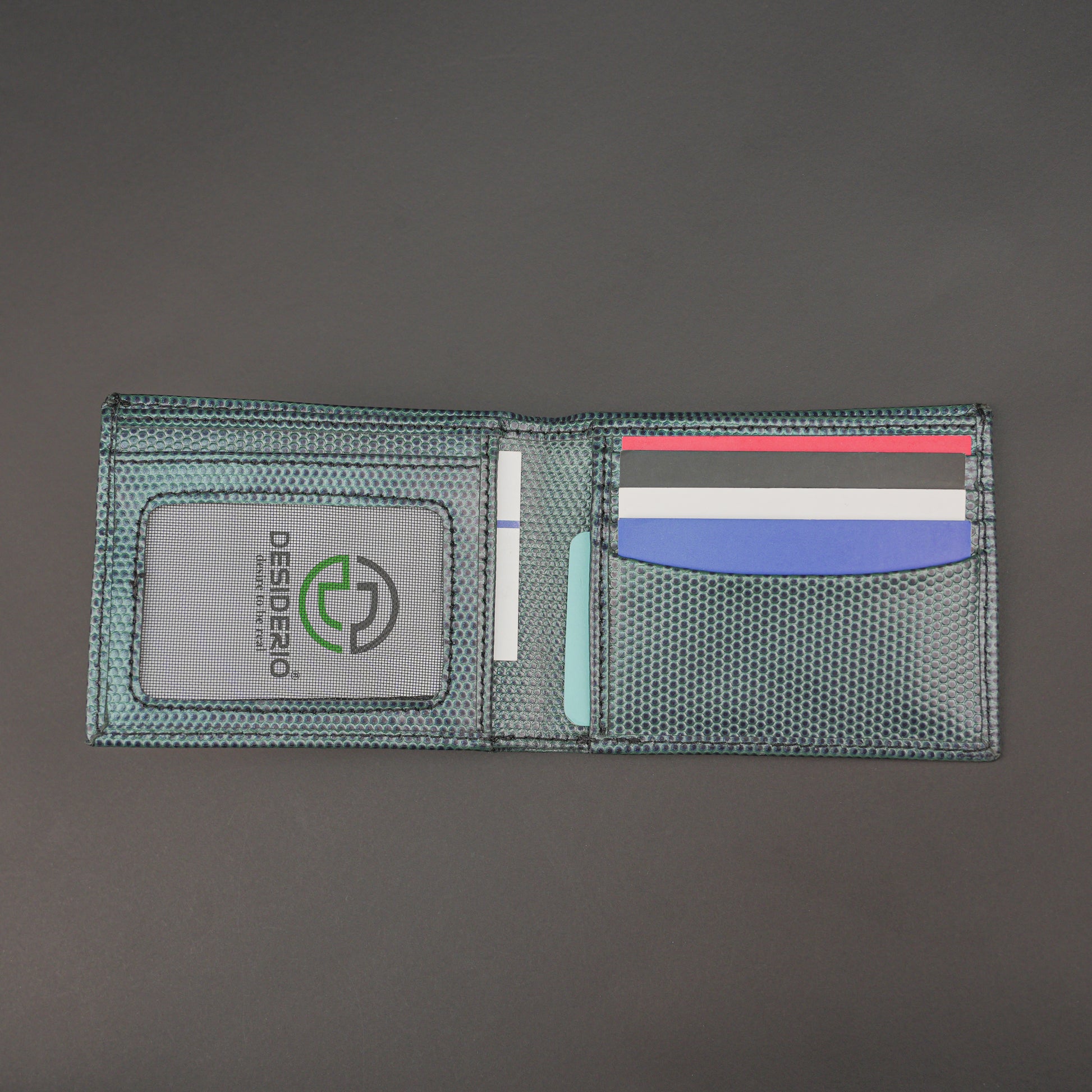 Premium green-blue leather wallet, sleek and compact holds 6 cards, 1 ID, and 2 cash compartments for everyday use.