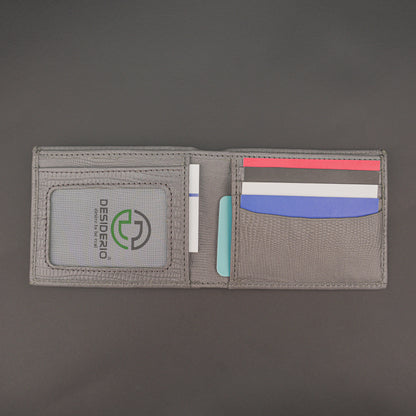 Premium grey leather wallet, sleek and compact holds 6 cards, 1 ID, and 2 cash compartments for everyday use.