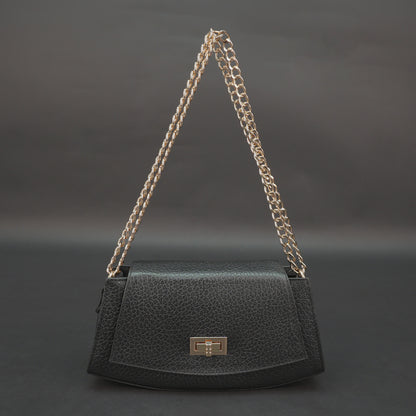 Real leather black handbag with brass chain, zipper compartment, shoulder strap, stylish and practical daily use bag